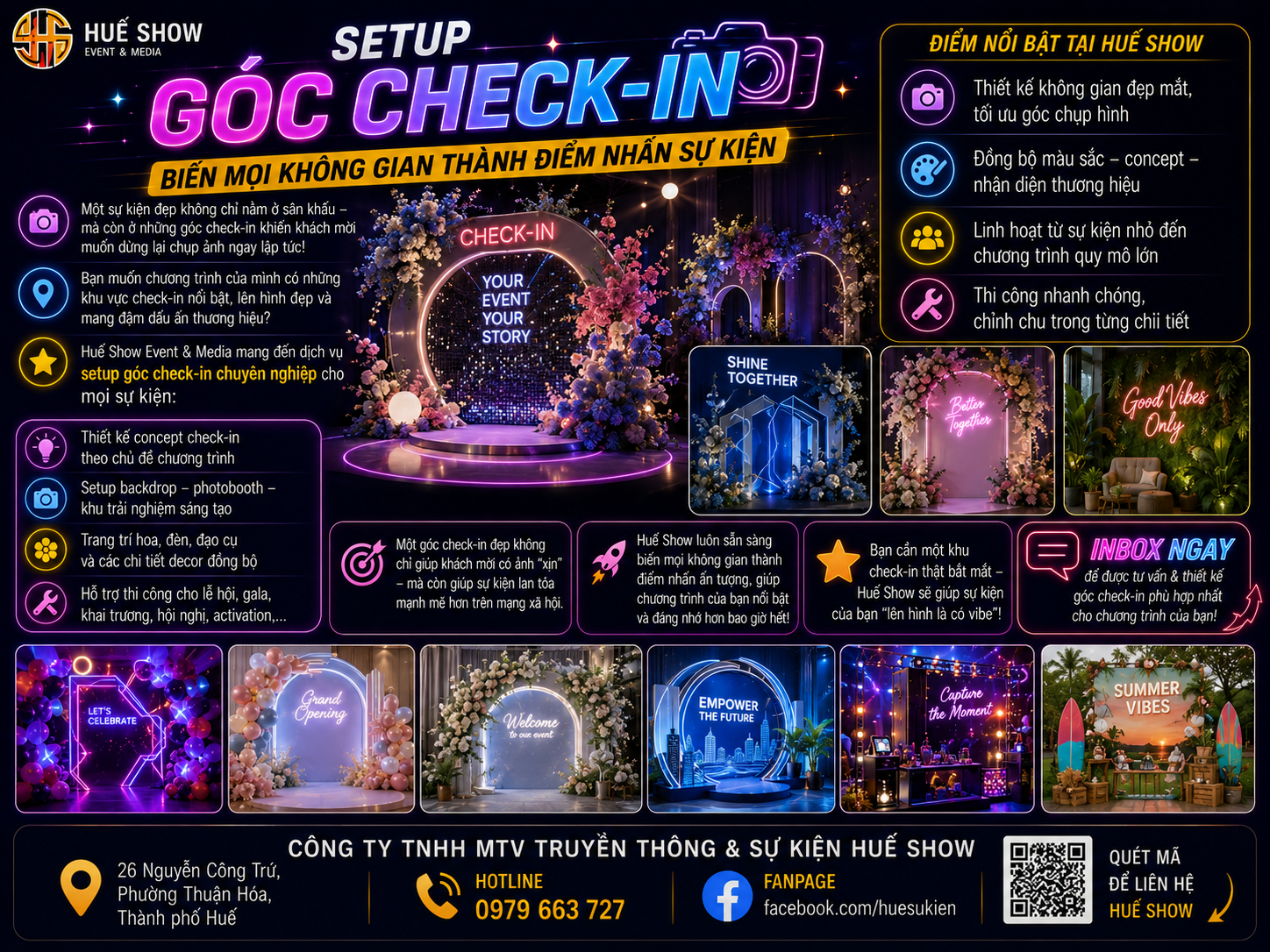 Setup góc check-in sự kiện – Thiết kế photobooth, backdrop, không gian ấn tượng | Huế Show